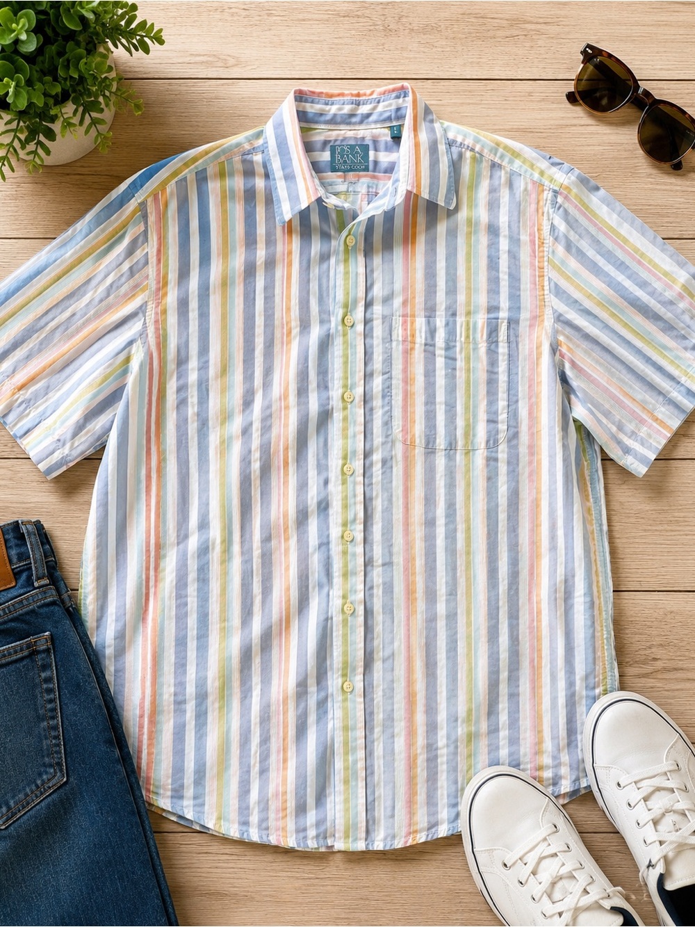 Jos. A. Bank Stays Cool Men’s Striped Short Sleeve Shirt | Size Large